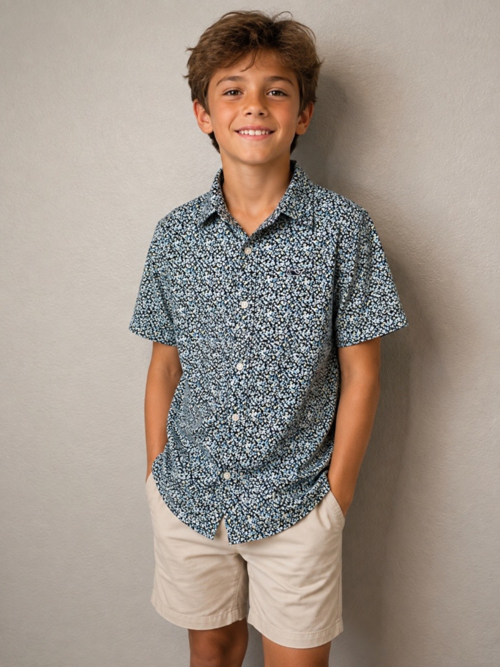 Vineyard Vines Medium Short-Sleeve Navy  Micro Floral Button-Up Shirt (032)